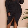 Dresses female | Sexy Deep V-Neck Pleated Long Sleeved Plus Size Midi Dress Black