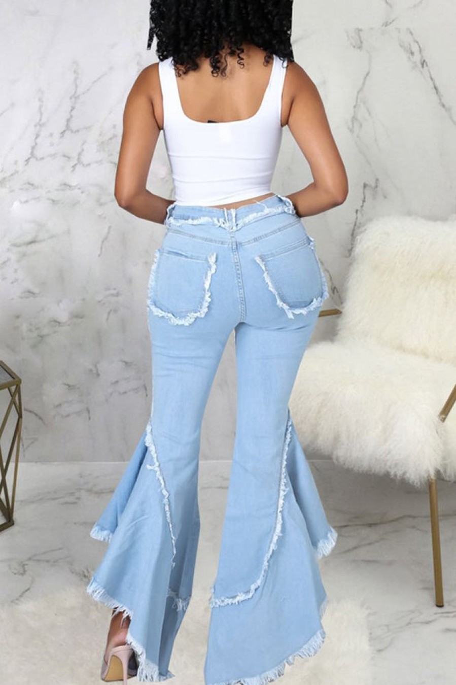 Bottoms female | Fashion Irregular Stitching Raw Edge Flared Jeans Wathet Blue