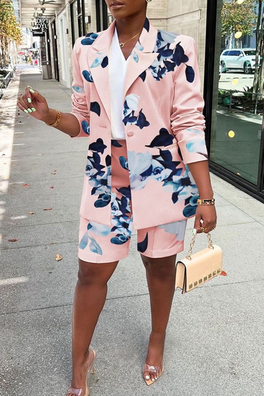 2-Pieces female | Casual Printed Blazer Shorts Two-Piece Set Pink