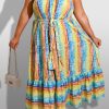 Dresses female | Fashion Plus Size Striped Suspender Maxi Dress Yellow