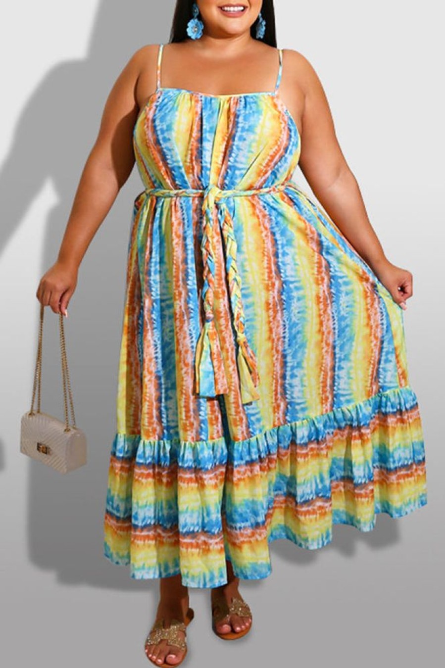 Dresses female | Fashion Plus Size Striped Suspender Maxi Dress Yellow