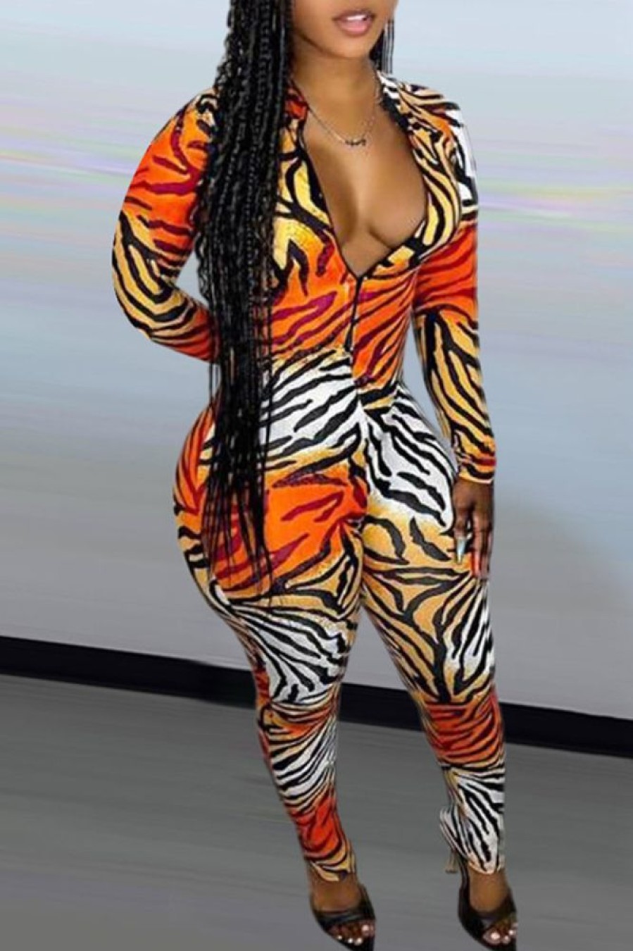 Jumpsuits & Rompers female | Fashion Casual Tiger Print V-Neck Jumpsuit Orange