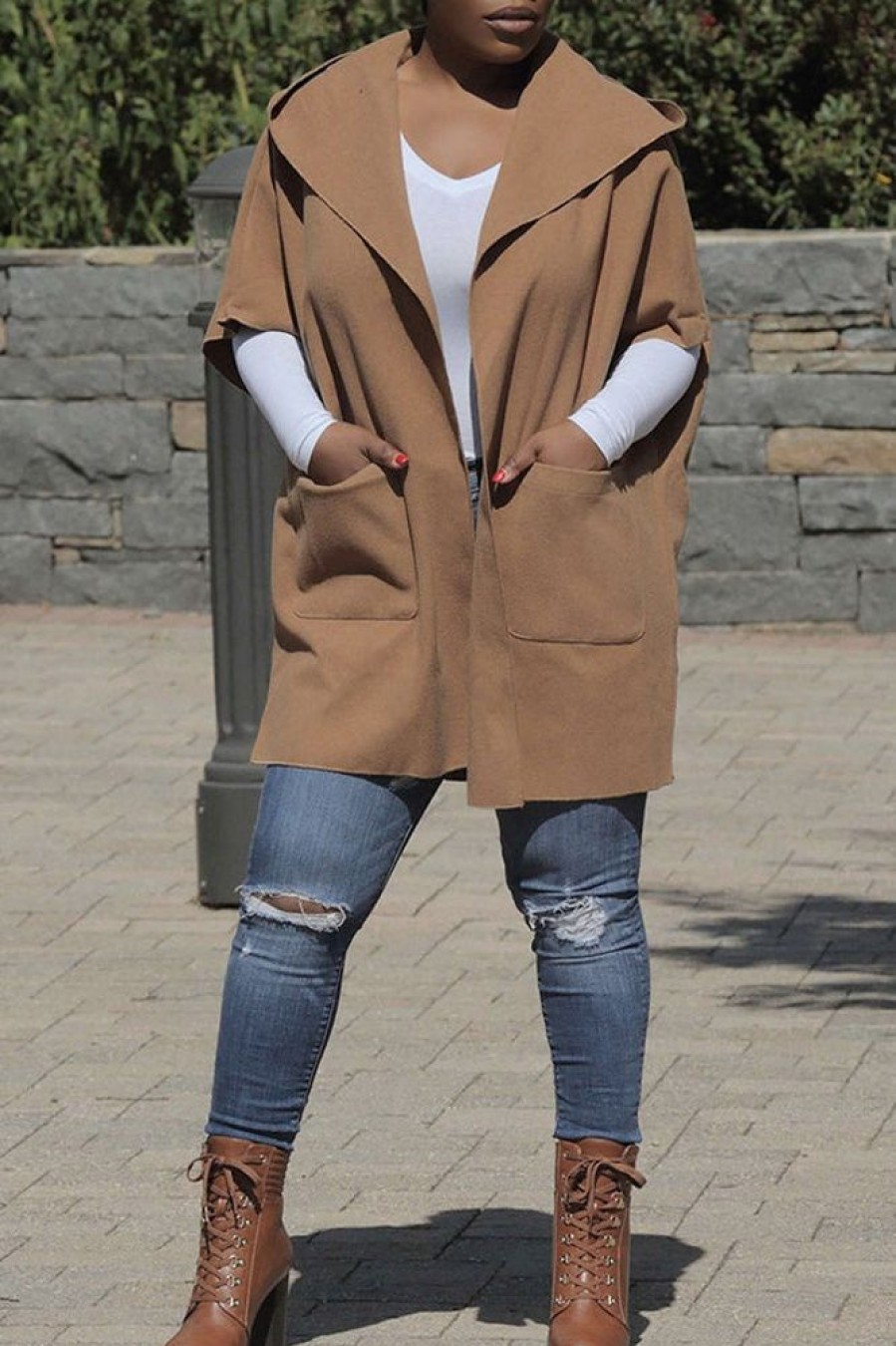 Tops & Outerwear female | Casual Loose Pocket Hooded Cape Coat Camel