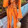 2-Pieces female | V-Neck Striped Trim Flare Sleeve Pants Suit