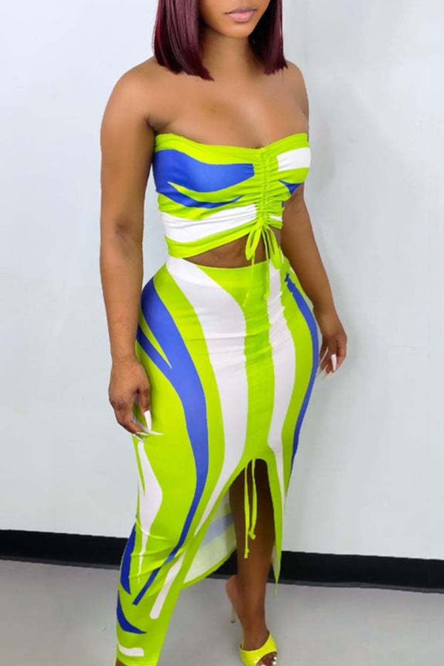 2-Pieces female | Printed Drawstring Bandeau Top & Slit Skirt Set Green