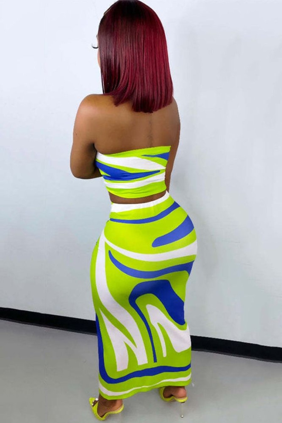 2-Pieces female | Printed Drawstring Bandeau Top & Slit Skirt Set Green