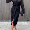 Dresses female | Fashion Solid Color Lace Long Sleeve High Waist Draped Slit Elegant Dress