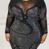 Dresses female | Sexy Plus Size See Through Hot Diamond Round Neck Mini Dress