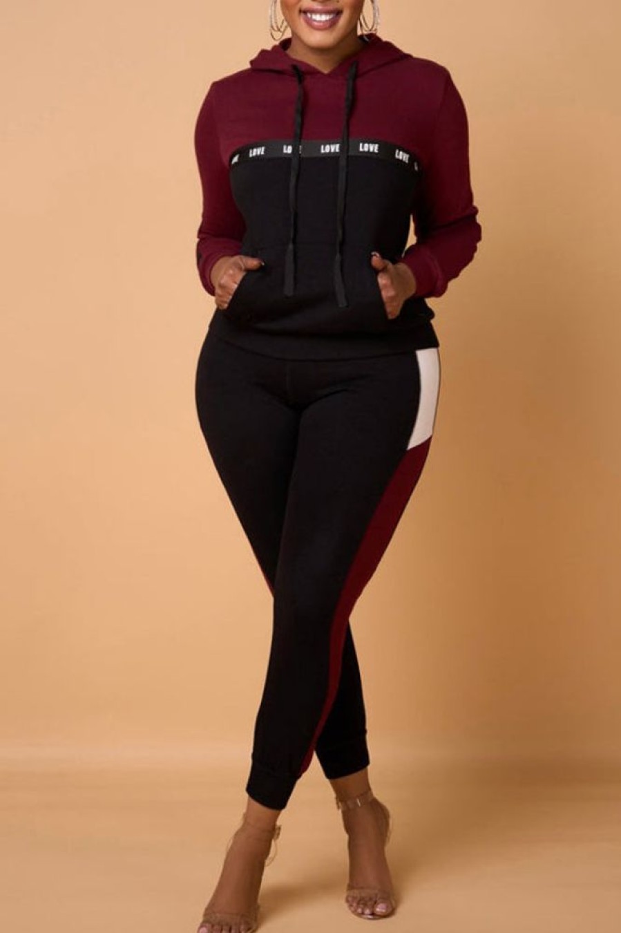 2-Pieces female | Fashionable Classic Contrast Color Stitching Sweatshirt Set Wine Red