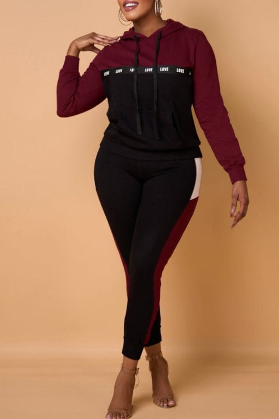 2-Pieces female | Fashionable Classic Contrast Color Stitching Sweatshirt Set Wine Red