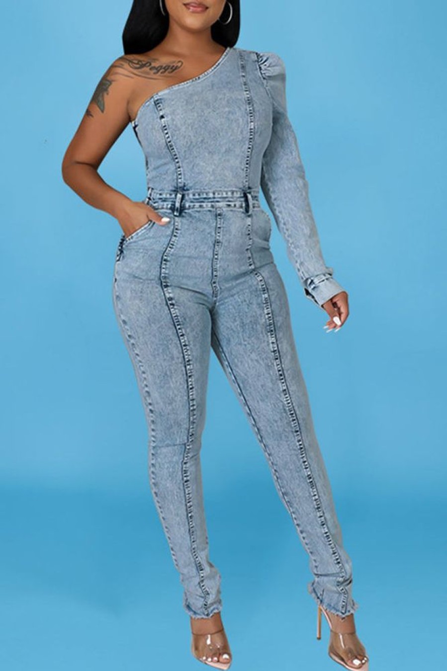 Jumpsuits & Rompers female | Personalized One Shoulder Washed Denim Jumpsuit Wathet Blue