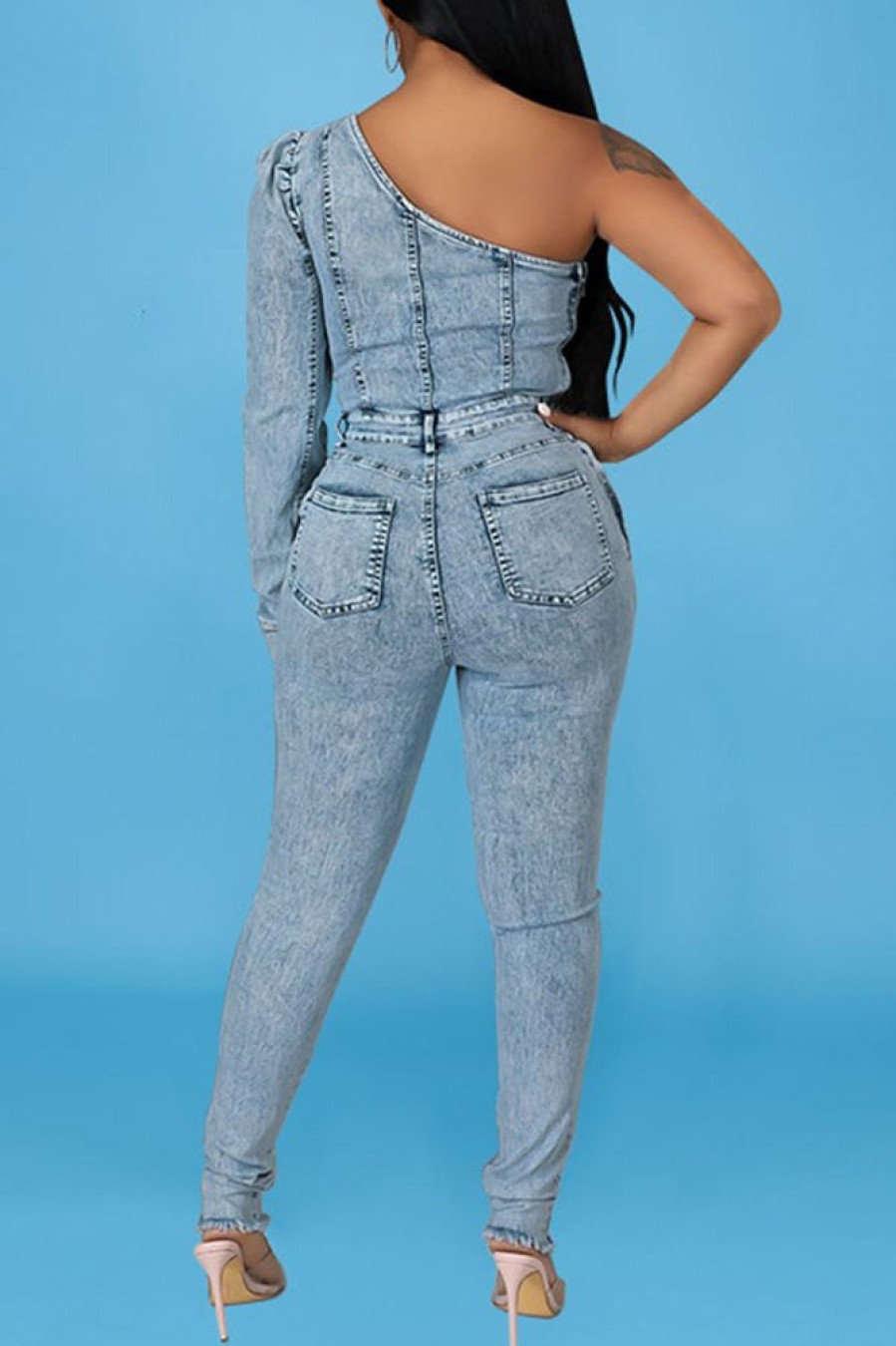 Jumpsuits & Rompers female | Personalized One Shoulder Washed Denim Jumpsuit Wathet Blue