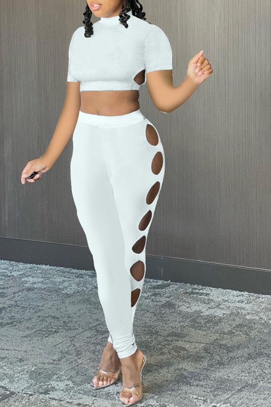 2-Pieces female | Chic Solid Hollow Out Two-Piece Set White