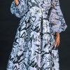 Dresses female | Fashion Print Long Sleeve Pleasted A-Line Maxi Dress