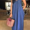 Dresses female | Fashion Loose Casual Sleeveless Denim Maxi Dress No Pockets