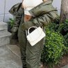 Tops & Outerwear female | Fashion Stand Collar Patchwork Knitted Sleeves Solid Color Short Cotton Clothing Army Green