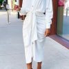 Dresses female | Sleek Gathered Slit Tie Shirt Dress