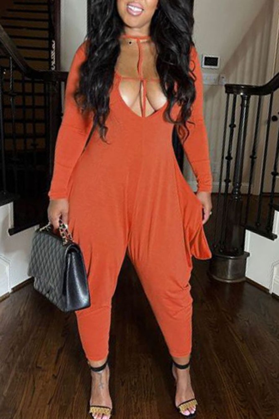 Jumpsuits & Rompers female | Chic Solid Color Long Sleeve V-Neck Harem Jumpsuit