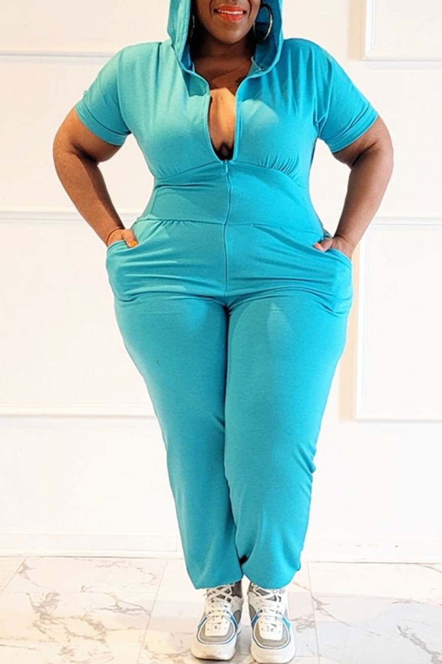 Jumpsuits & Rompers female | Casual Solid Color Short Sleeve Zip Plus Size Hooded Jumpsuits