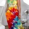 Dresses female | Fashion Tie Dye Printed V Neck Sleeveless Maxi Dress Red