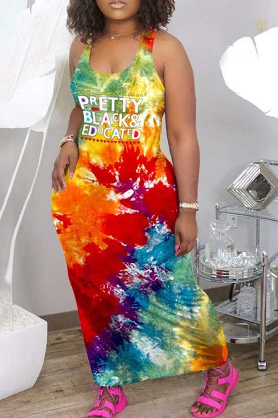 Dresses female | Fashion Tie Dye Printed V Neck Sleeveless Maxi Dress Red