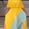 Dresses female | Off-The-Shoulder Contrast Stitching Chiffon Pleated Dress Yellow