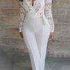 Jumpsuits & Rompers female | V-Neck Lace Panel Solid Color High Waist Straight Jumpsuit White