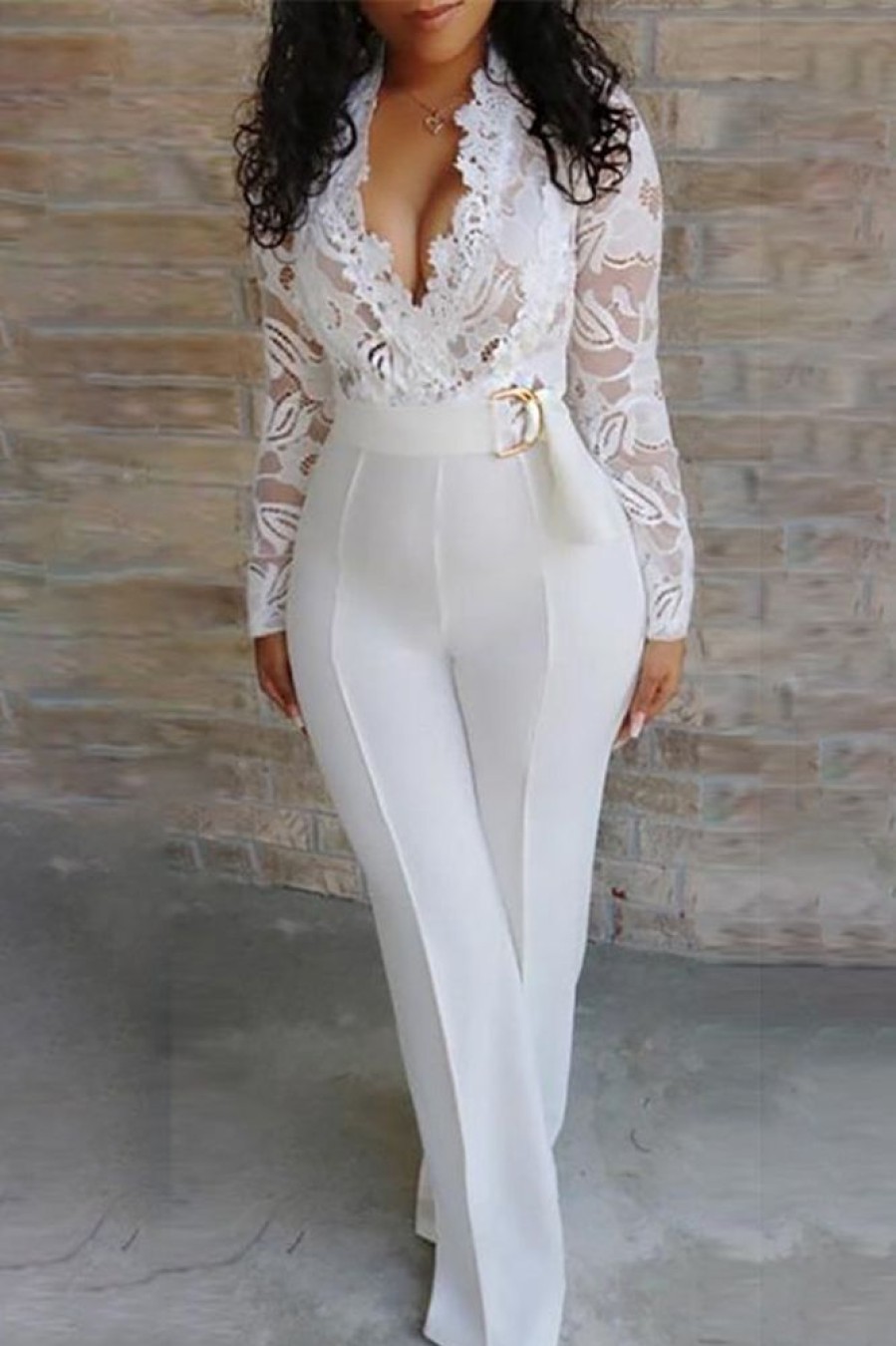 Jumpsuits & Rompers female | V-Neck Lace Panel Solid Color High Waist Straight Jumpsuit White