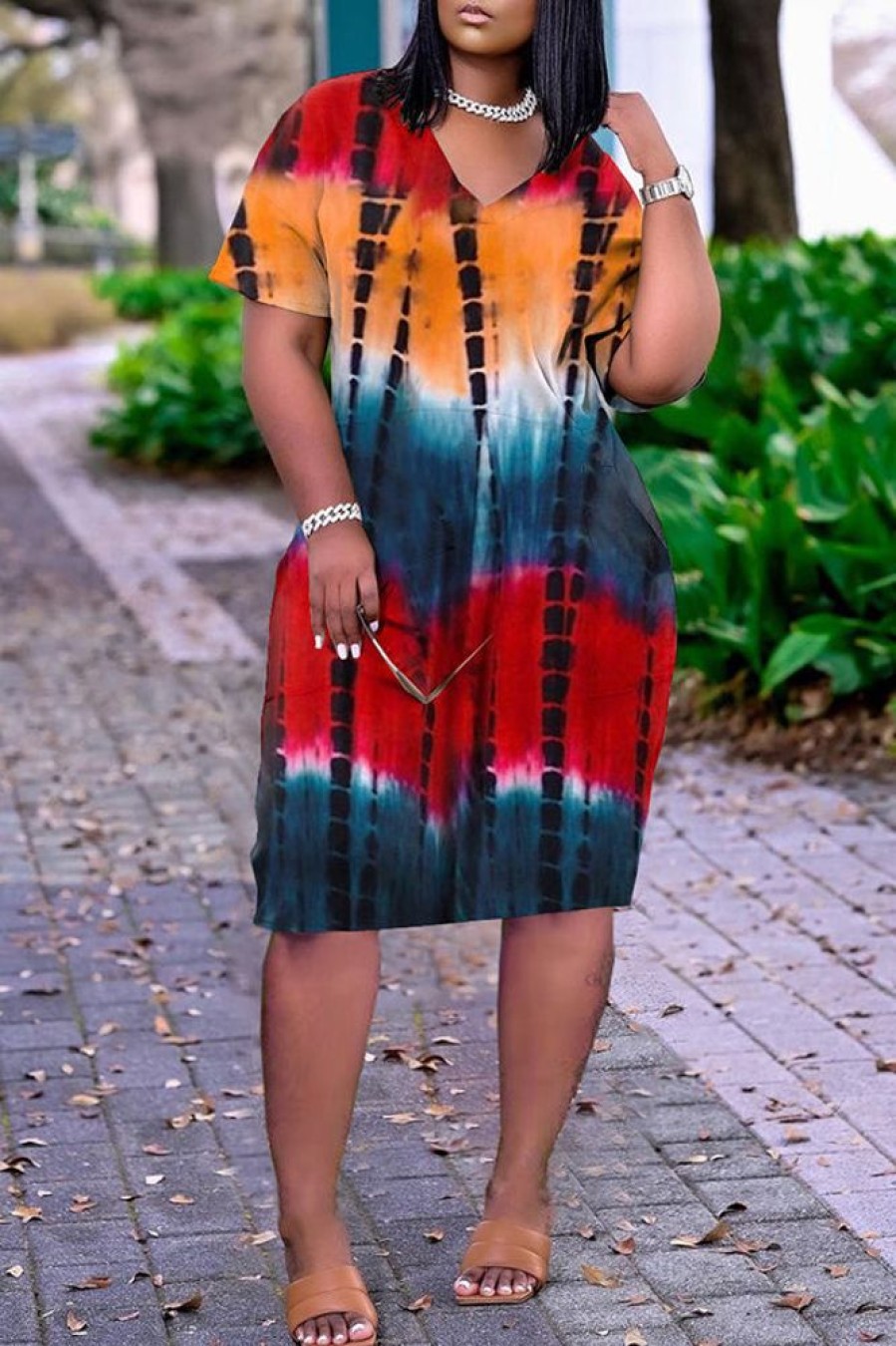 Dresses female | V-Neck Tie Dye Pocket Midi Dress