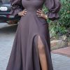 Dresses female | Pretty Off Shoulder Ruffled Slit Plus Size Maxi Dress Ash