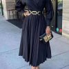 Dresses female | Elegant V-Neck Long Sleeve Pleated Maxi Dress Black