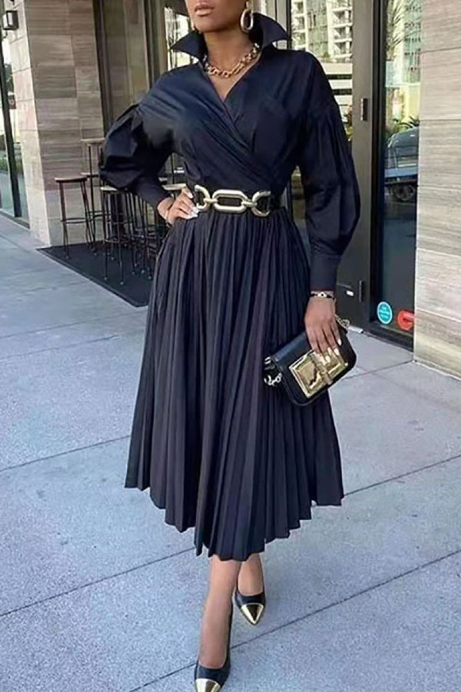 Dresses female | Elegant V-Neck Long Sleeve Pleated Maxi Dress Black