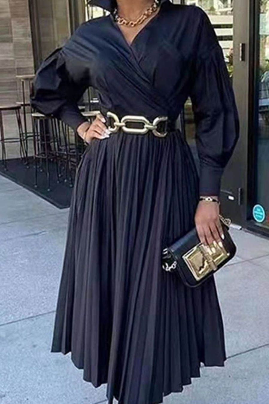 Dresses female | Elegant V-Neck Long Sleeve Pleated Maxi Dress Black