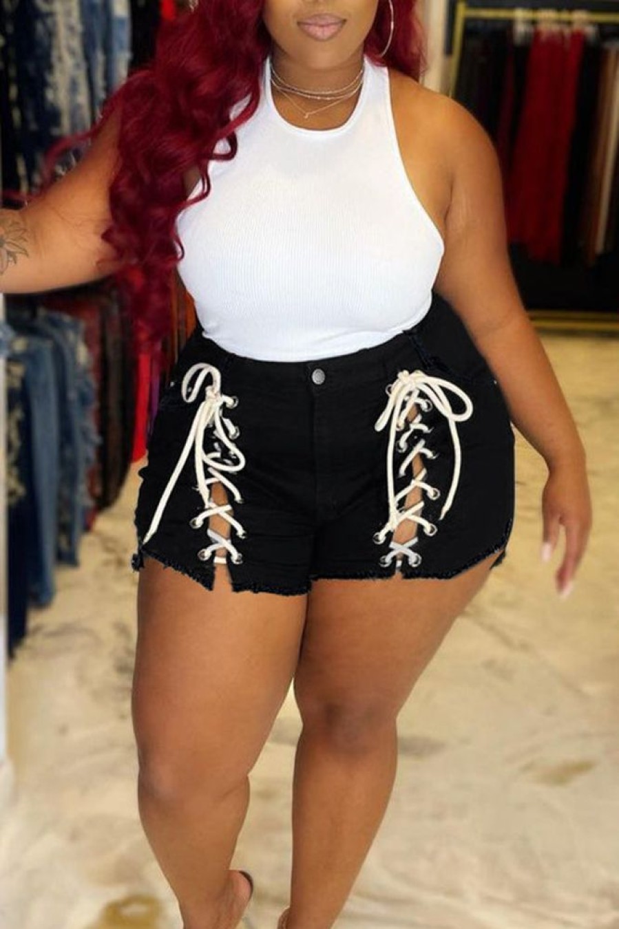 Bottoms female | Fashion Plus Size High Waist Eyelet Lace Up Denim Shorts Black