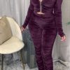 2-Pieces female | Casual Velvet Pleated Zipper Hooded Two Piece Pant Suits