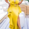 Dresses female | Temperament Ruffled Slit Plus Size Maxi Dress (With Belt)