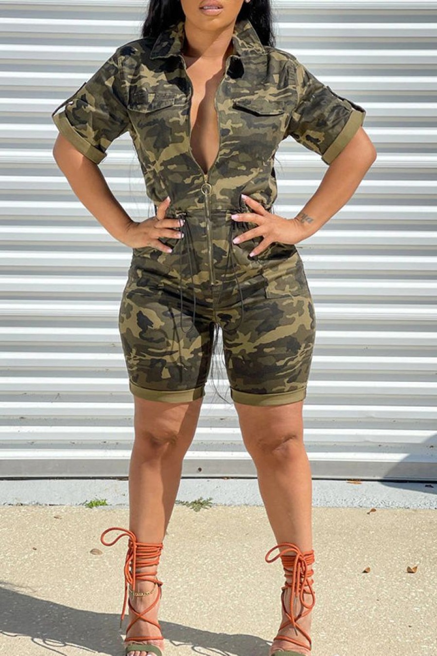 Jumpsuits & Rompers female | Camo Lapel Short Sleeve Zipper Romper Green