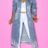 Tops & Outerwear female | Fashion Bleached Hole Long Denim Windbreakers Wathet Blue