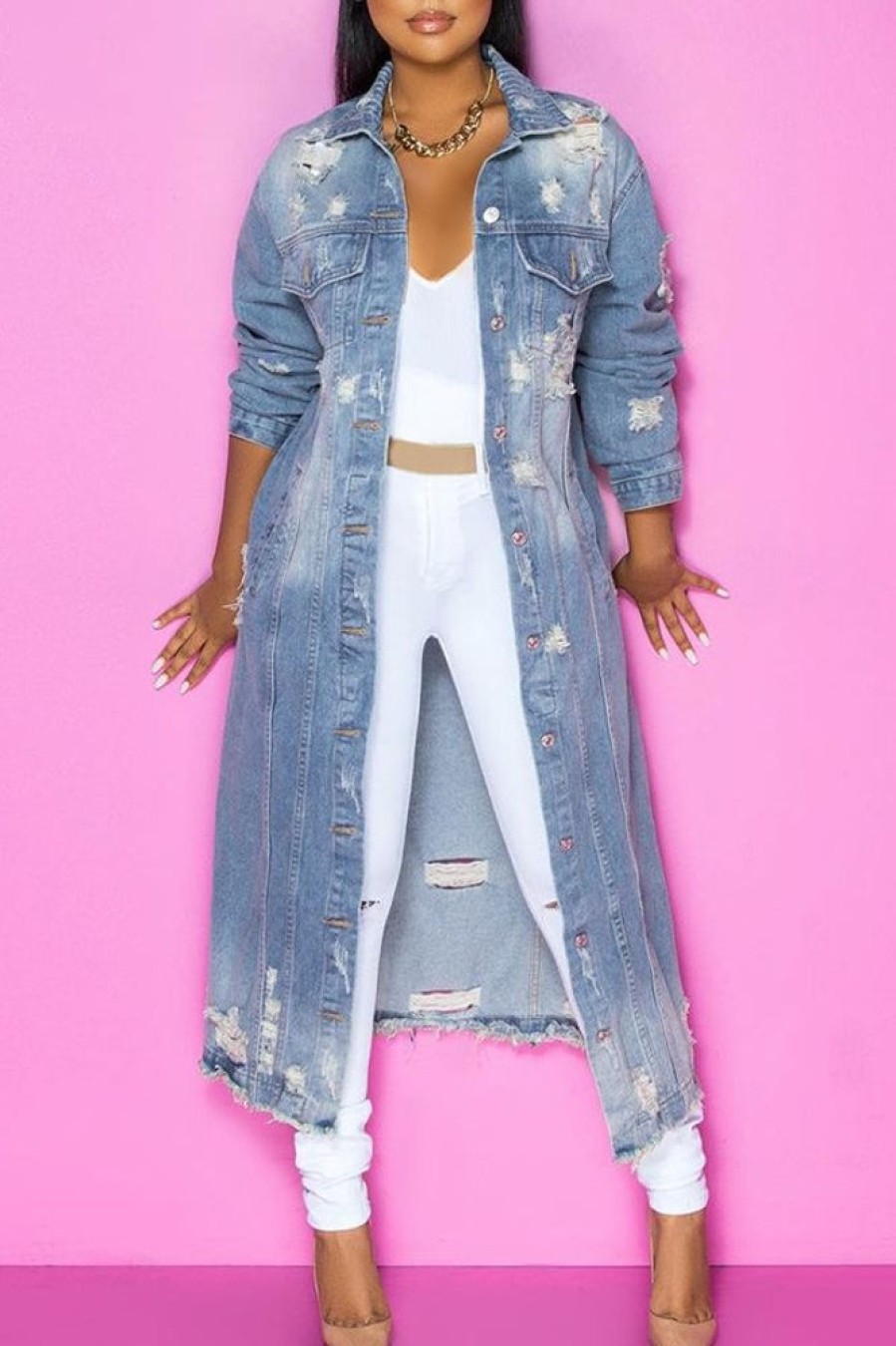 Tops & Outerwear female | Fashion Bleached Hole Long Denim Windbreakers Wathet Blue