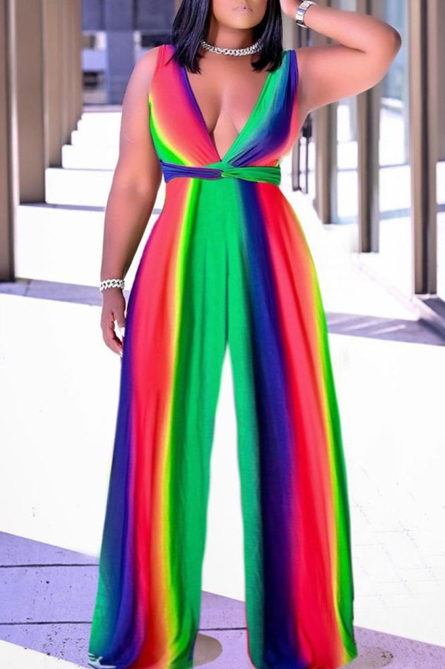 Jumpsuits & Rompers female | Colorful Gradient Striped V-Neck Sleeveless Wide-Leg Jumpsuit Multicolor