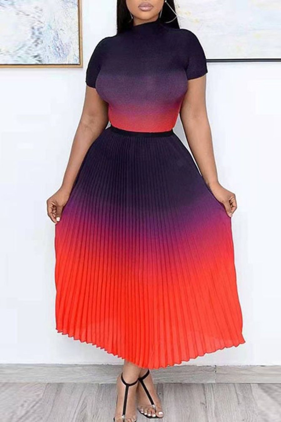 2-Pieces female | Commuter Plus Size Gradient Print Short Sleeve Pleated Skirt Suits Red