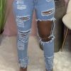 Bottoms female | Fashion Personality Ripped Slim Fit Stretch Jeans Wathet Blue