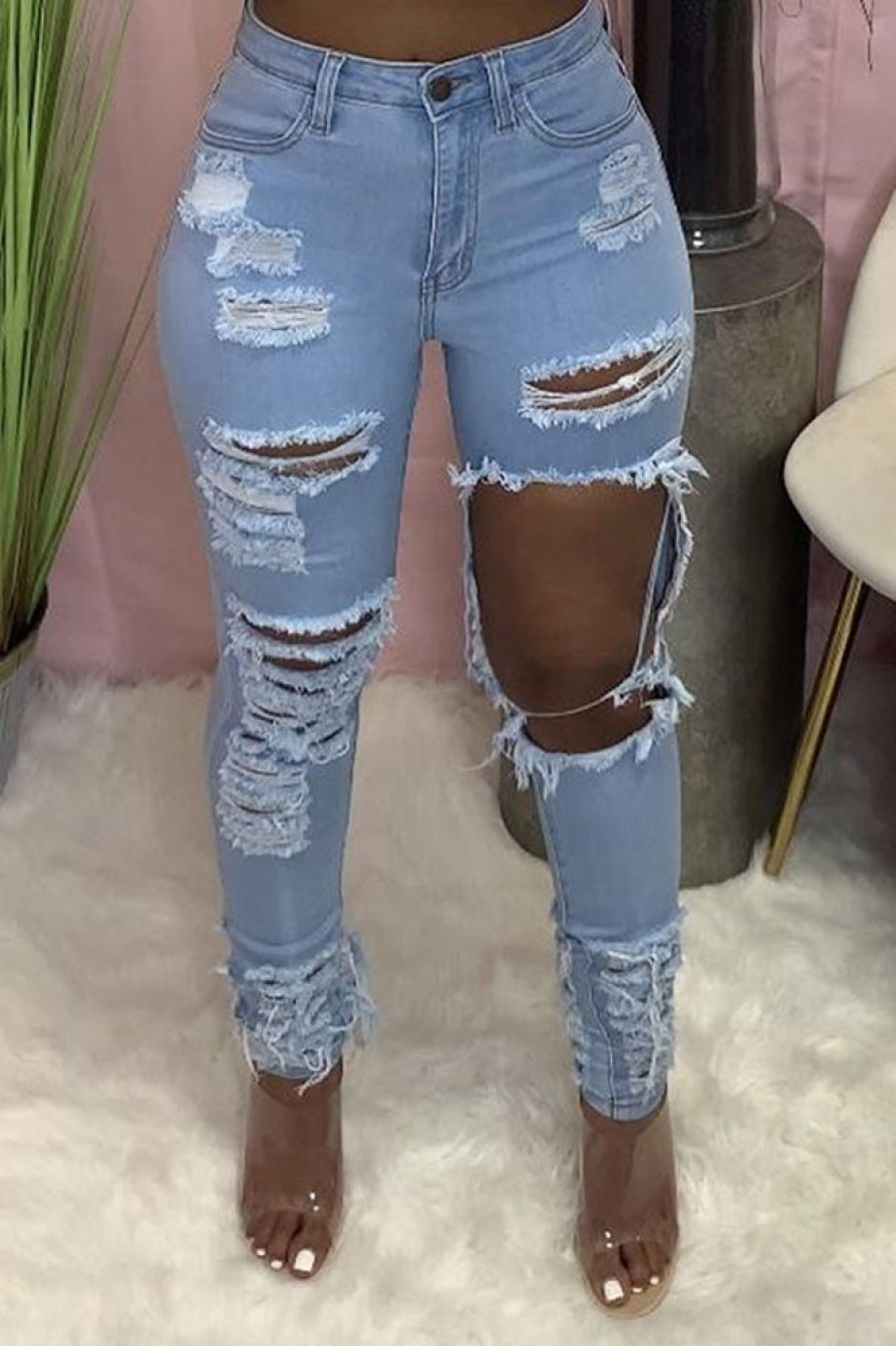 Bottoms female | Fashion Personality Ripped Slim Fit Stretch Jeans Wathet Blue