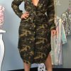 Dresses female | Fashion Casual Camouflage Lapel Midi Dress Green