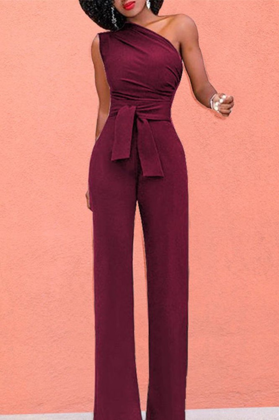 Jumpsuits & Rompers female | Elegant Solid Color Sleeveless Oblique Collar Lace-Up Slim Fit Jumpsuits