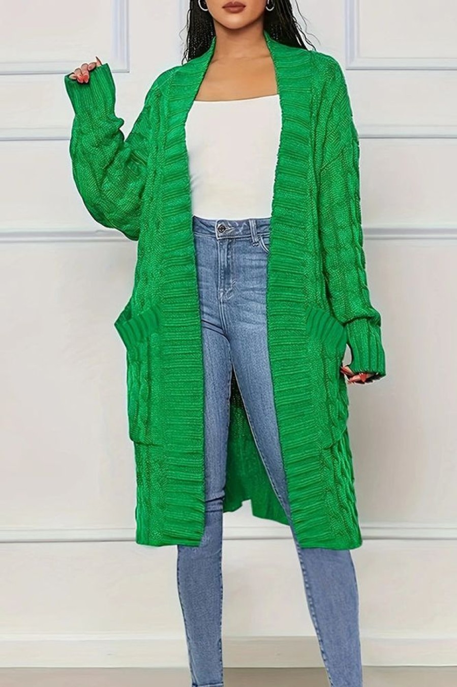 Tops & Outerwear female | Fashionable Solid Color Knitted Cardigan Jacket Green