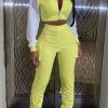 2-Pieces female | Casual Sport Contrasting Color Insert Sleeve Zip Short Jacket Slim Fit Pocket Pant Suits