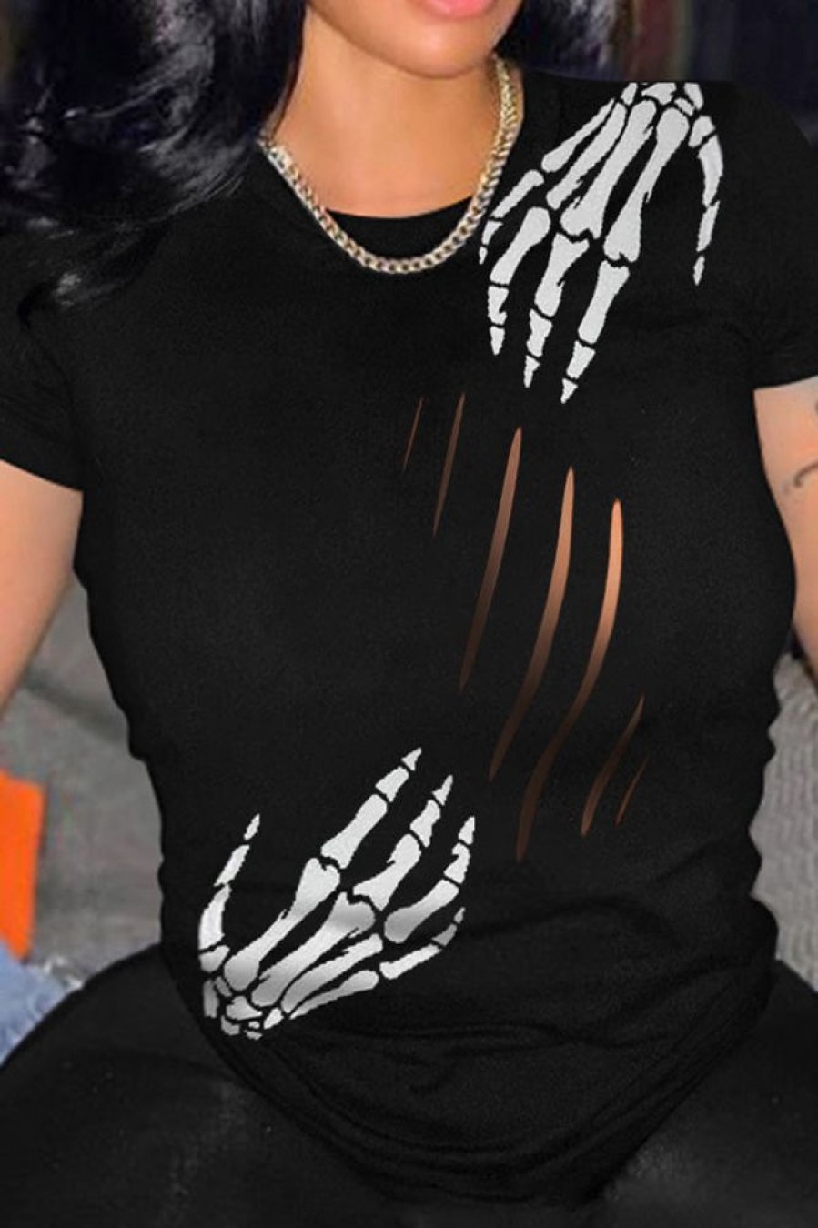 Tops & Outerwear female | Trendy Skull Print Crew Neck Cutout T-Shirt Black