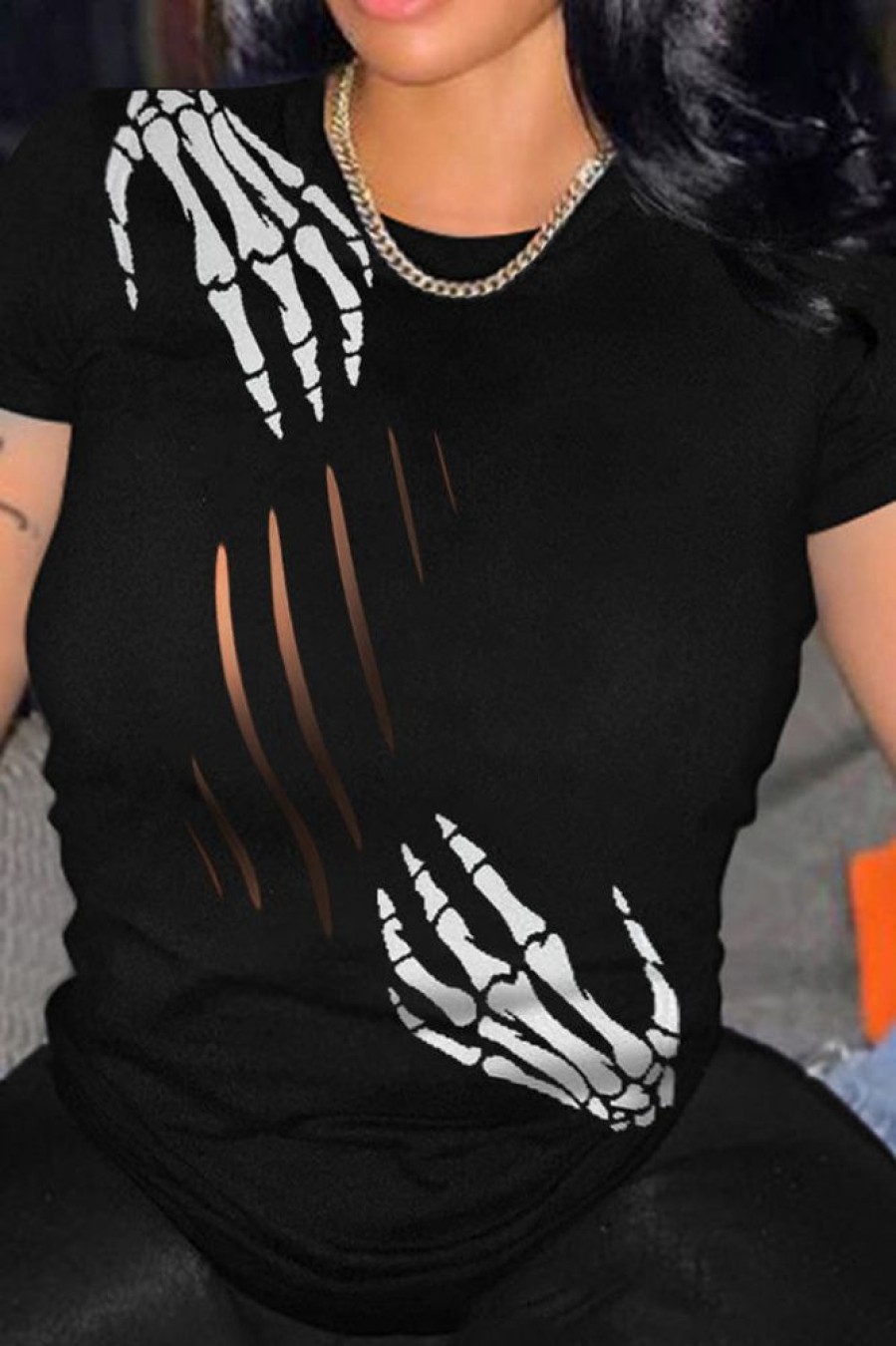 Tops & Outerwear female | Trendy Skull Print Crew Neck Cutout T-Shirt Black