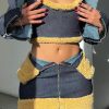 2-Pieces female | Sexy Faux Fur Patchwork Denim Lapel Short Coat Vest Short Skirt Three-Piece Suits Navy Blue